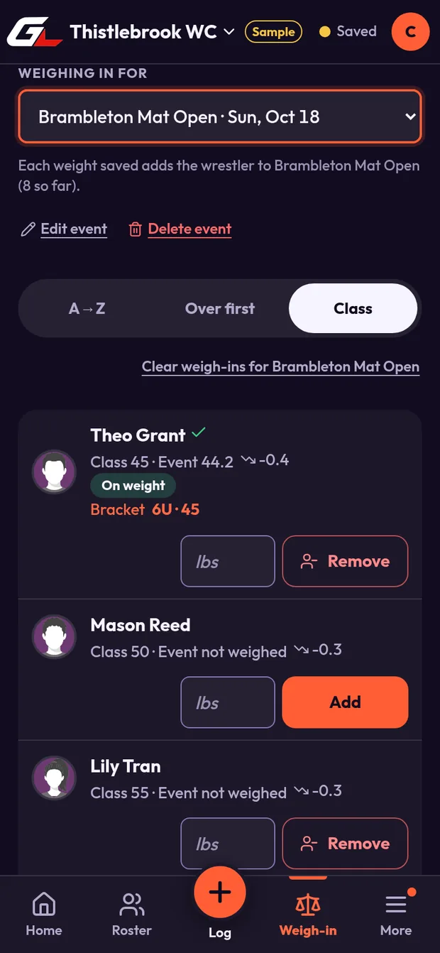 Weigh-in station for a sample event, sorted by class: each wrestler shows class and event weight, with an on-weight tag, weight boxes and Add or Remove buttons.