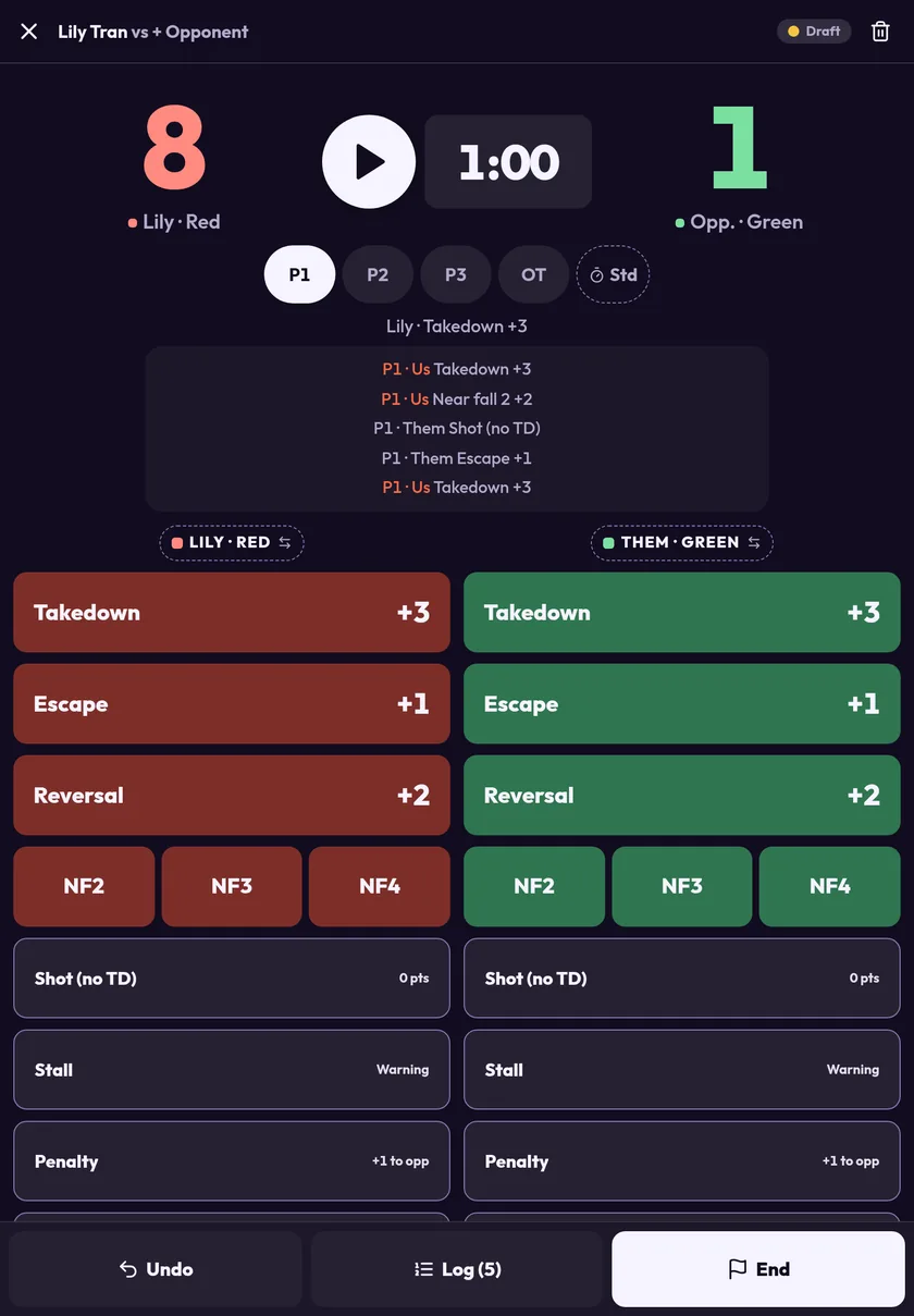 Tablet live scoring screen for a sample wrestler: 8 to 1 in period 1 with a 1:00 clock, a move log and dark red and dark green move buttons for each side.